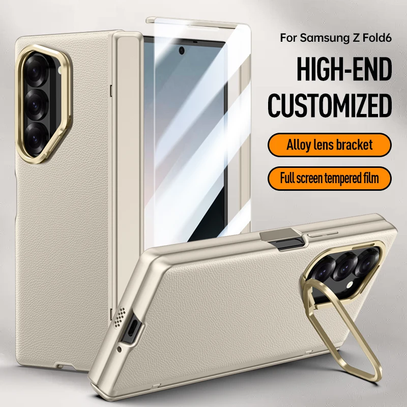 For  Z Fold6  Pioneer Series Phone Case with Skin-like Leather Texture and Hinge Protection with Stand and Built-in Scr