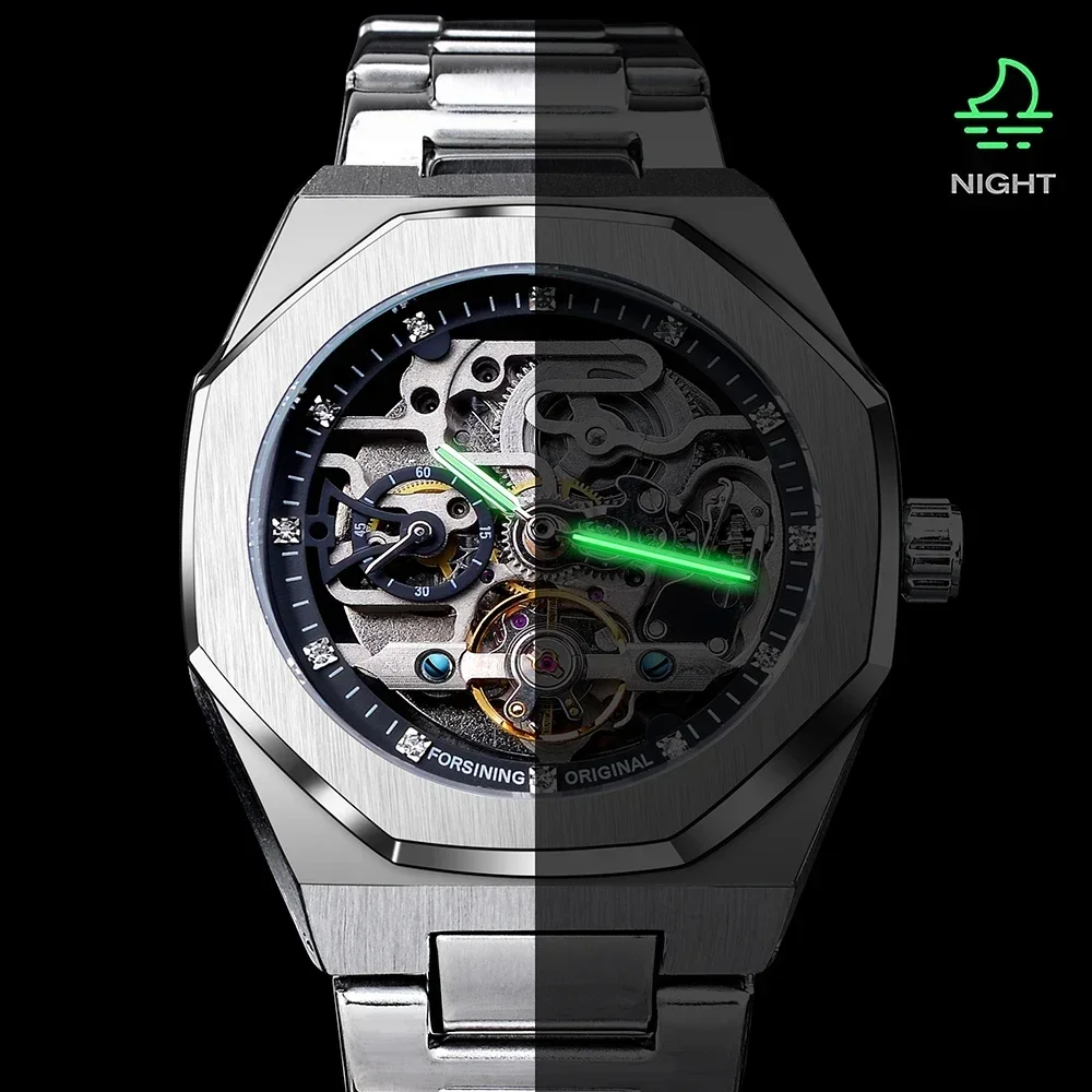 Forsining Casual Automatic Watch 3D Diamond Skeleton Hollow Mens Wristwatches Luminous Military Watches Tourbillon Montre Homme