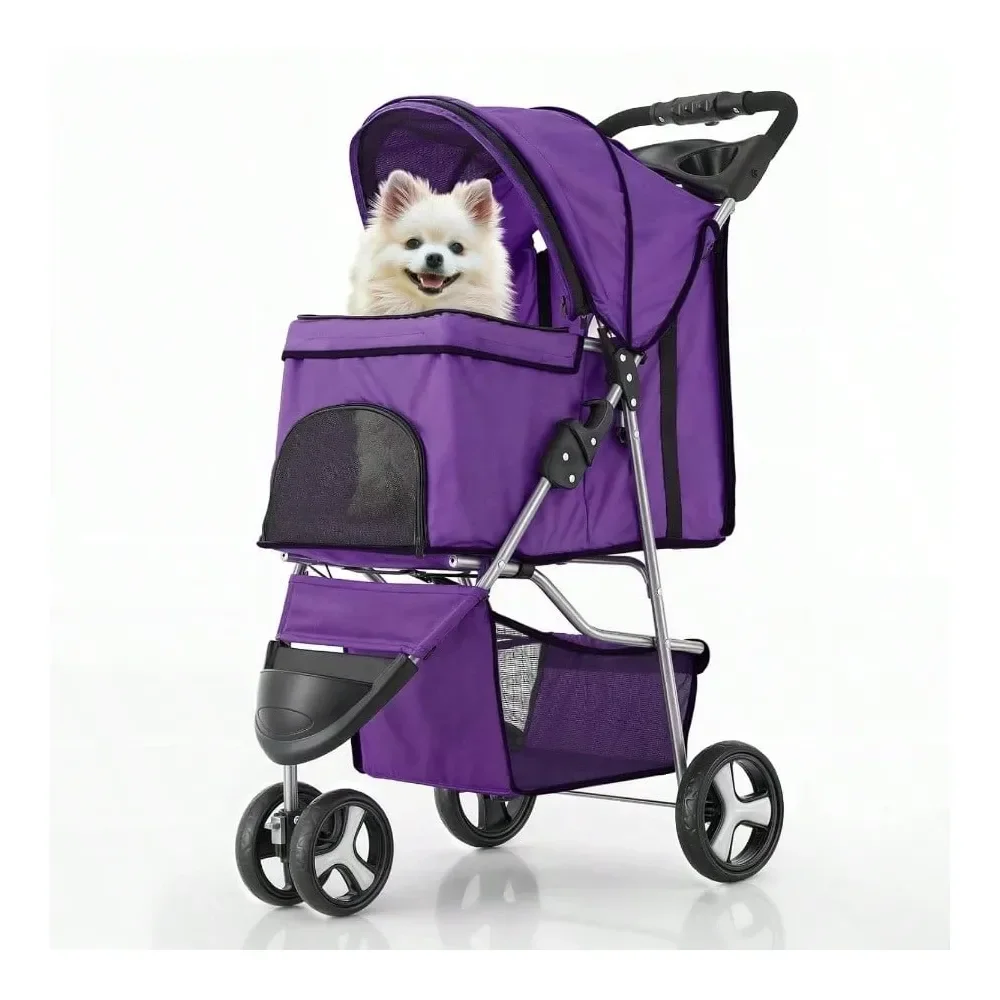 

Dog Strollers Small Dogs With Weather Cover, 3 Wheels Pet Strolling Cart Dogs And Cats With Storage Basket And Cup Holder, Brea