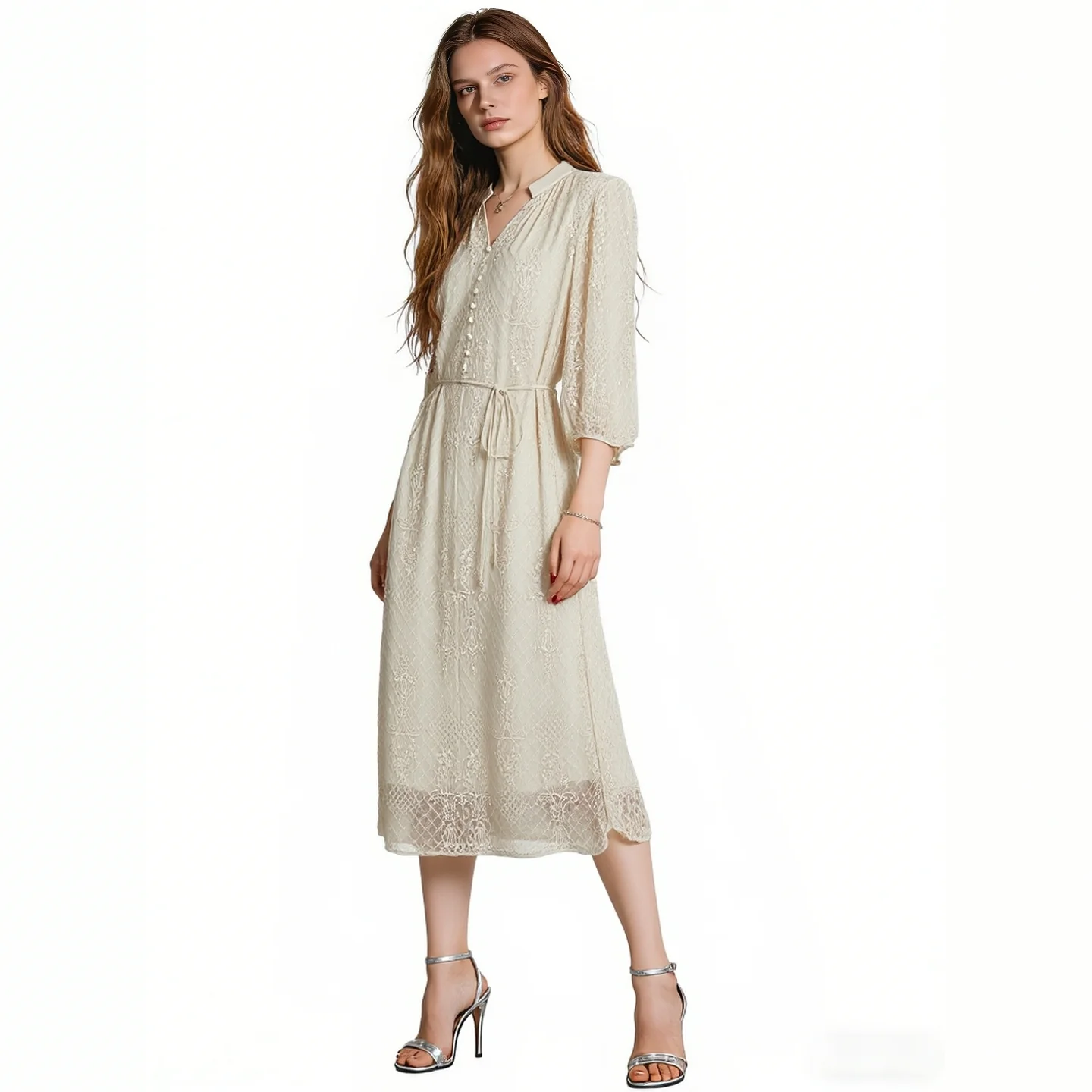 

Apricot V Neck Lace Midi Dress 2026 - 3/4 Sleeve Tie Waist Elegant Casual Party Dress for Women