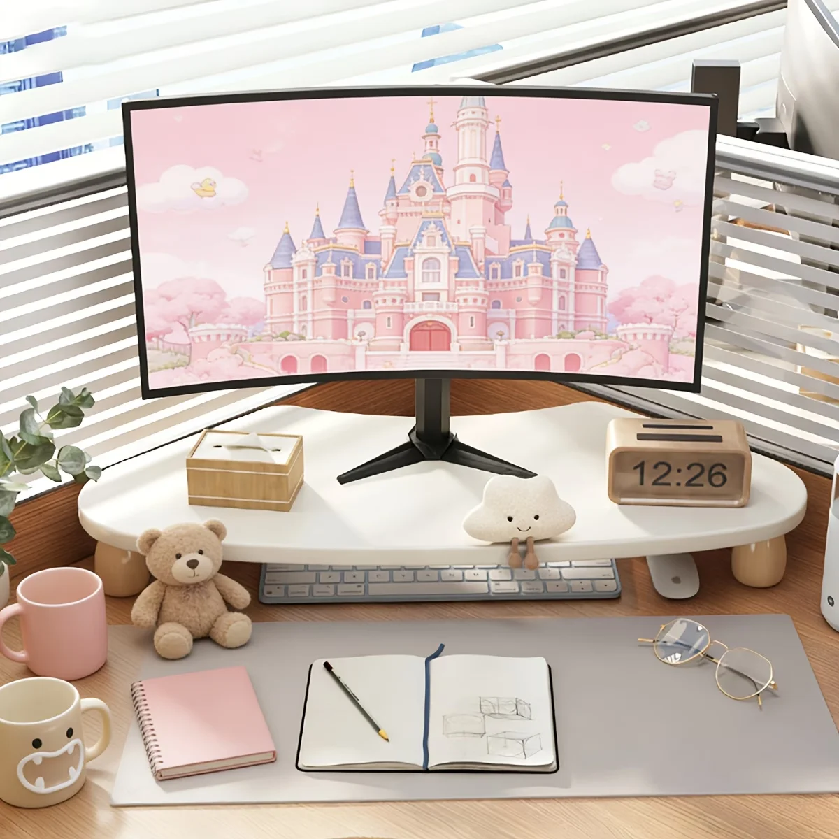 Curved Corner Monitor Riser, Ergonomic Desktop Monitor Stand, Desk Storage Organizer for Home & Office Workspace
