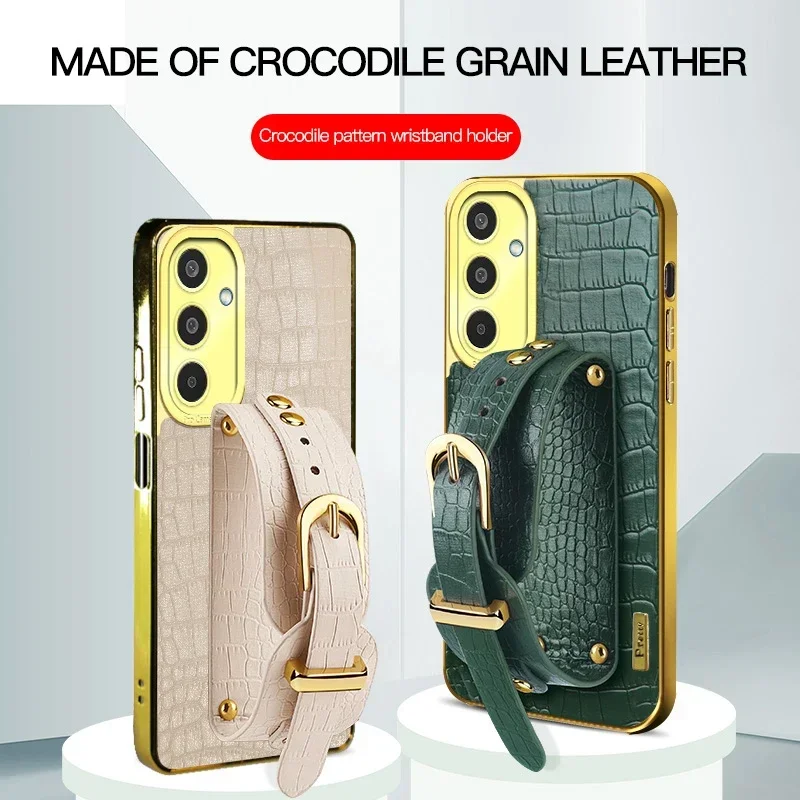 

Wrist Strap Crocodile Leather Cases for Samsung Galaxy M35 M23 M33 M34 M32 5G Stand Holder Shockproof Silicone Cover Phone Case