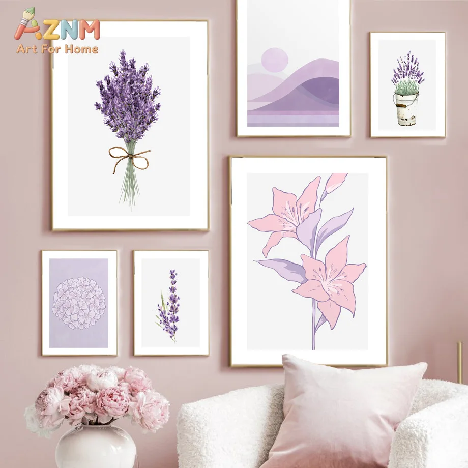 AZNM Lavender & Lily Canvas Wall Art, Purple Floral Print, Minimalist Botanical Painting for Girls Room Decor
