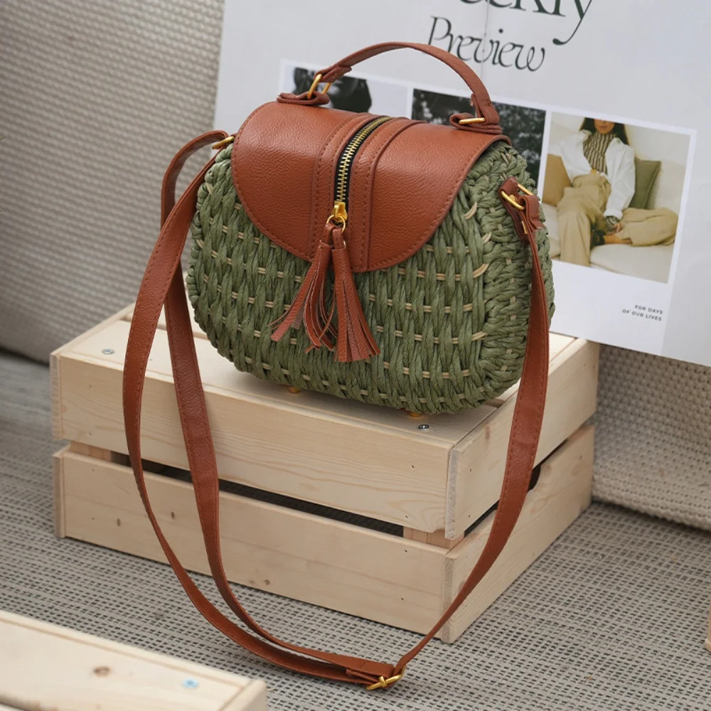 New Stylish High Quality Paper Rope Woven Crossbody Bag For Women Beach Vacation Adjustable Shoulder Strap Casual Daily Handbag