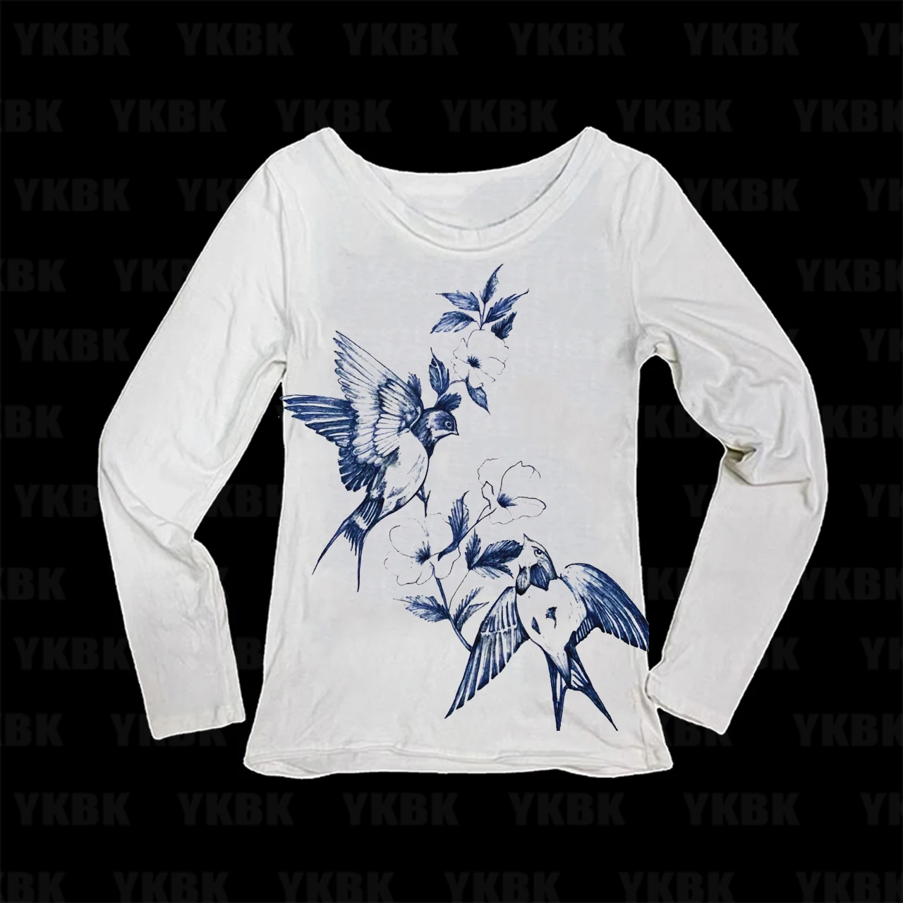 Elegant Blue Ink Swallow Floral Print Long Sleeve T-shirt Women U Neck Slim Art Casual Top