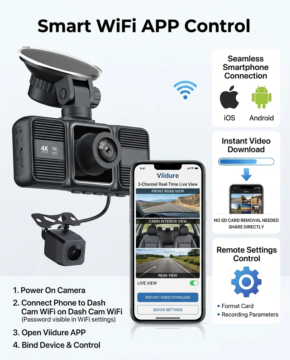 4K 2160P Dash Cam 3 Lens WiFi Car DVR Front Inside Rear Triple Camera 720P Video Recorder Allwinner G-sensor 24H Parking Monitor