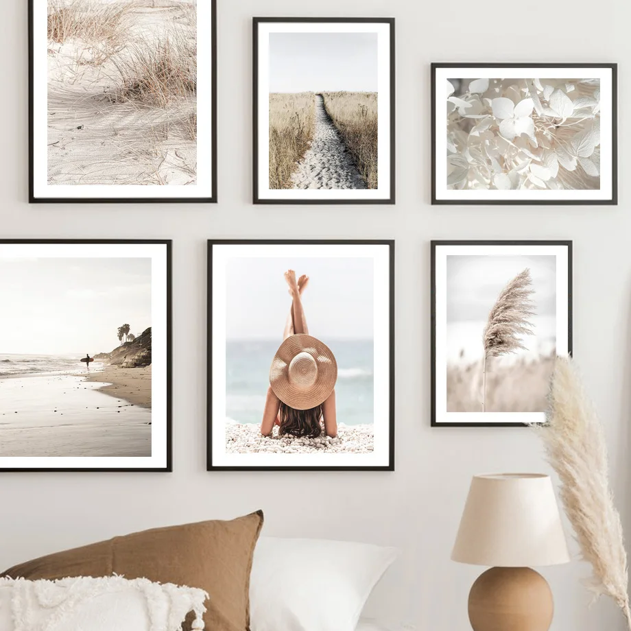 Wall Art Mural Print Canvas Painting Beach Girl Surf Reed Grass Path Flower Waves Nordic Poster Decoration Pictures Living Room