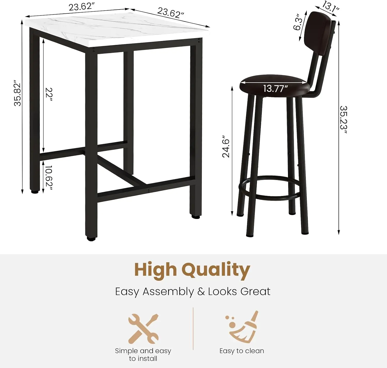 3 Piece Bar Table Set of 2,Mordern Bistro Table with 2 Counter Height Barstools, Faux Marble Pub Table Set for Small Space,Small view 3