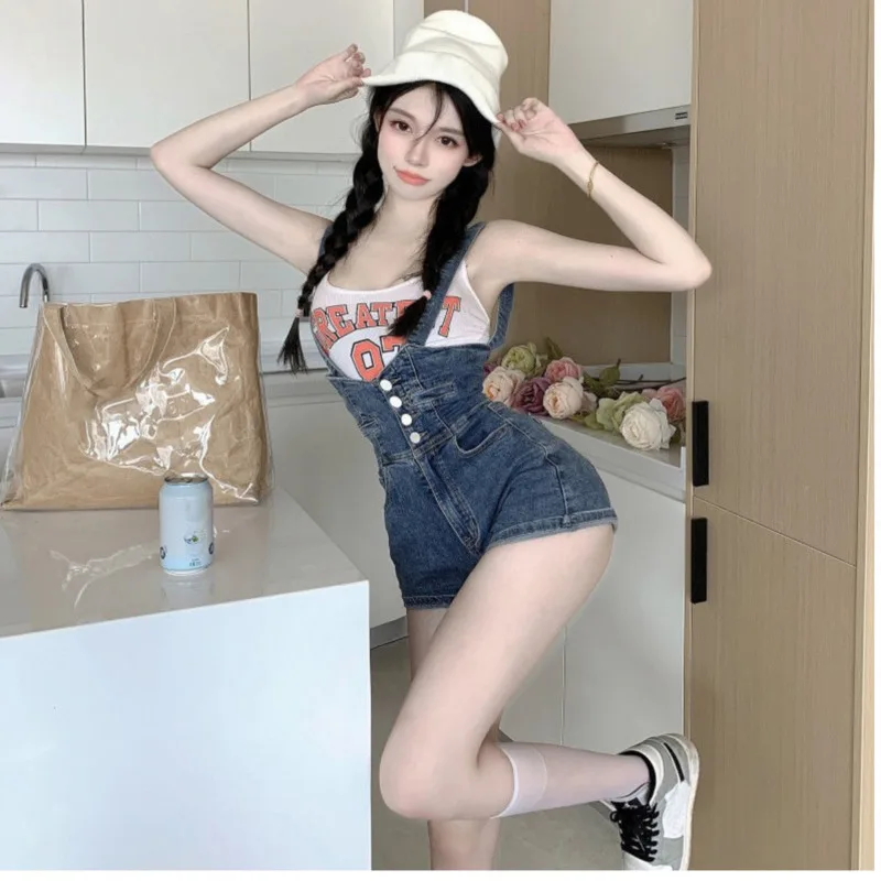 American Retro Cool Hot Girl Denim Bib Shorts Summer New Slim Fit High Waist Street Versatile Hot Pants