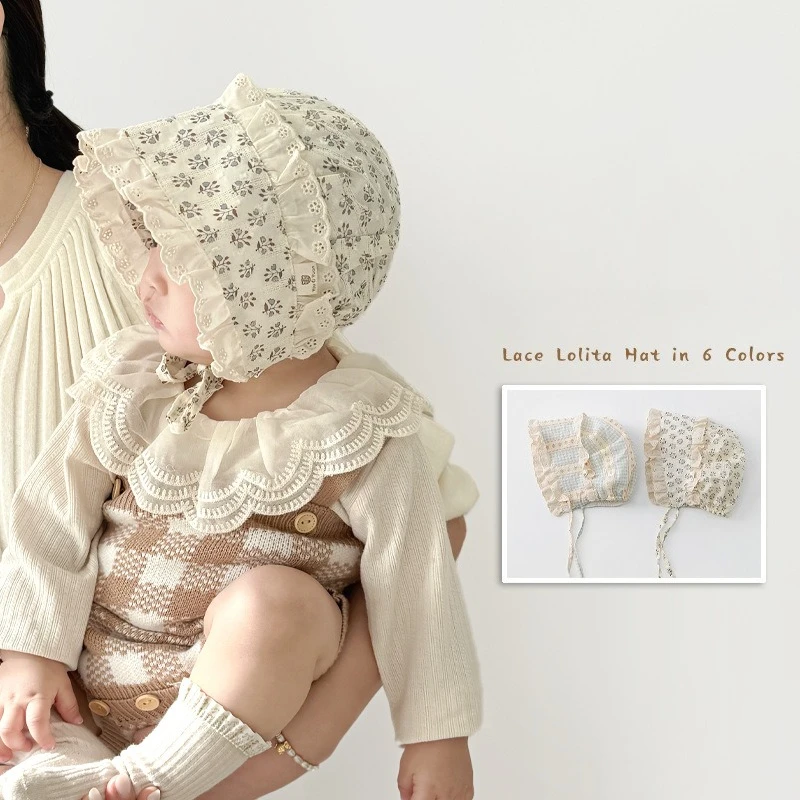 

Korean Baby Girl Bonnet Hat Spring Summer Floral Print Thin Breathable Lace Princess Cap for Infant Vintage Sun Hat for Toddler
