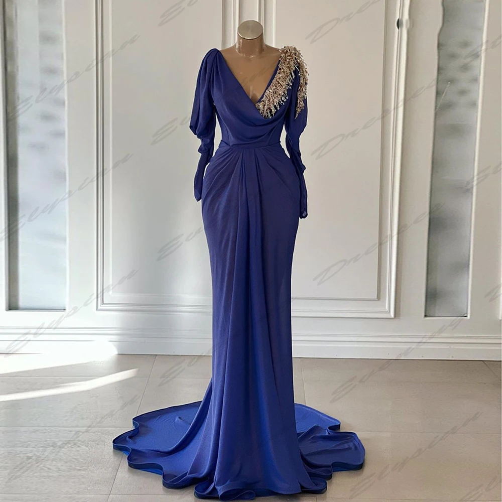 

Sexy Gorgeous Satin Evening Dresses Fascinating Elegant Deep V-neck Fluffy Long Sleeves Simple Mopping Prom Gowns For Women 2024