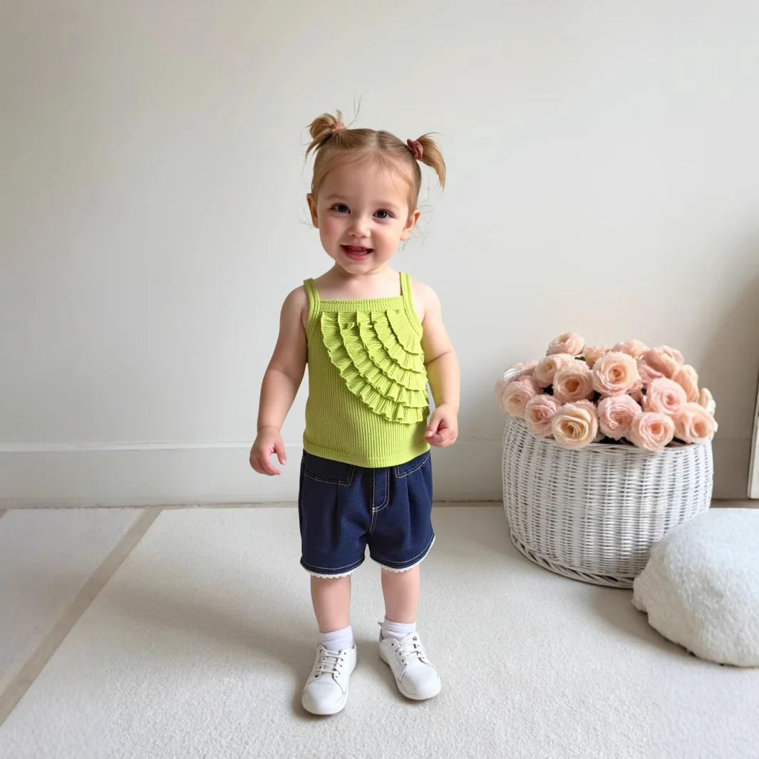 2025 Summer New Girls Floral Lace Knitted Vest Denim Shorts Baby Foreign Style Two-piece Set Fashion Simple