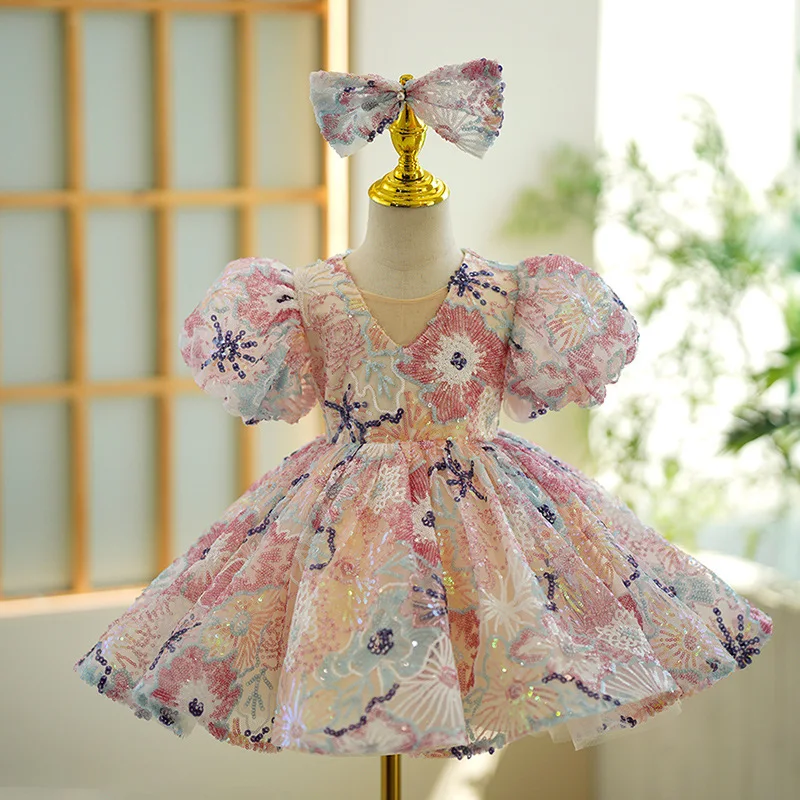 Newest High-end Children\'s Clothing Puffy Frock Floral Sequined Baby Girls Birthday Party Dress with Bow