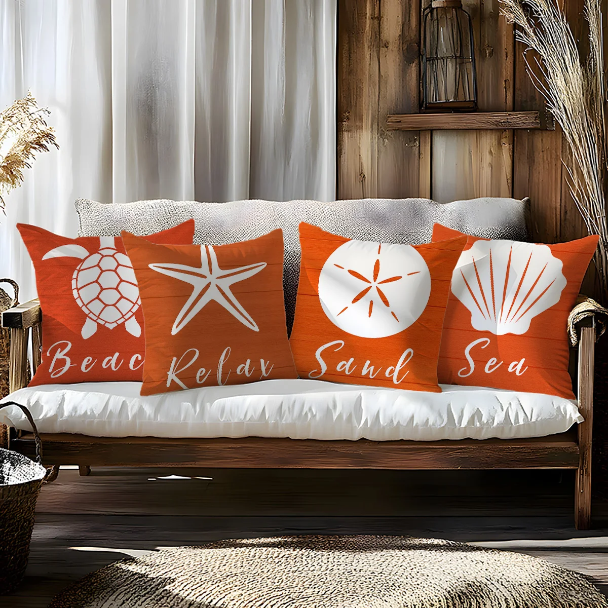 4PCS Coastal Beach Throw Pillow Covers, Sea Turtle Starfish Shell Print Cushion Cases, Orange Beach Relax Sand Sea Home Decor