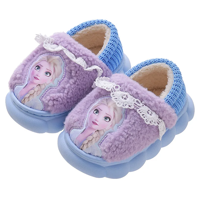 Disney Princess Elsa Cartoon Cotton Home Slippers for Girls Frozen Winter Indoor Warmth Non slip Children\'s Plush Shoes Size 36