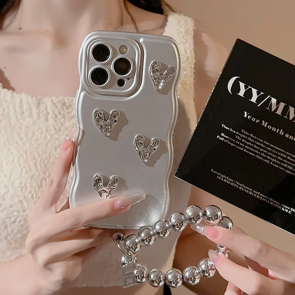 Korean 3D Wrinkle Love Heart Wavy Edge Plating Phone Case For iPhone 17 16 15 14 13 12 11 Pro Max With Bracelet Shockproof Cover