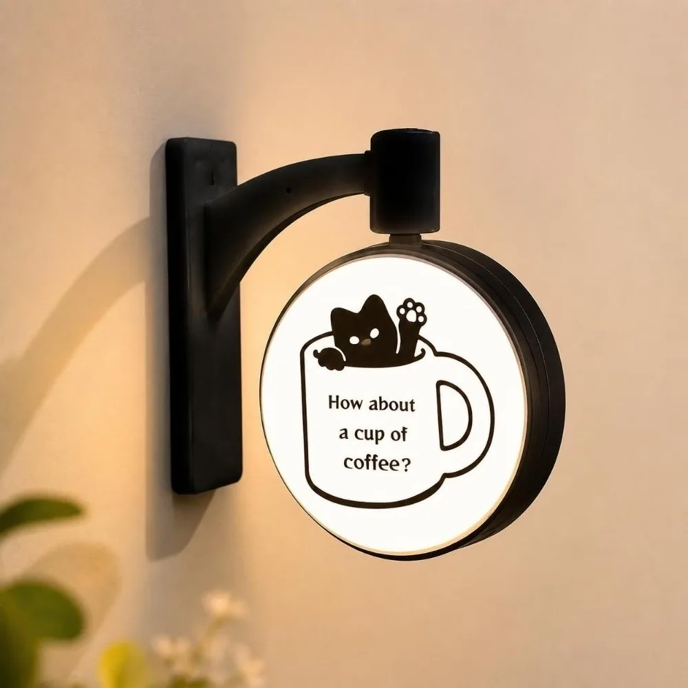 New Rotatable Cat Fridge Magnet Round Light Up Light Sign Cat Coffee Theme Cute Cat Coffee Light Sign Refrigerator Decoration