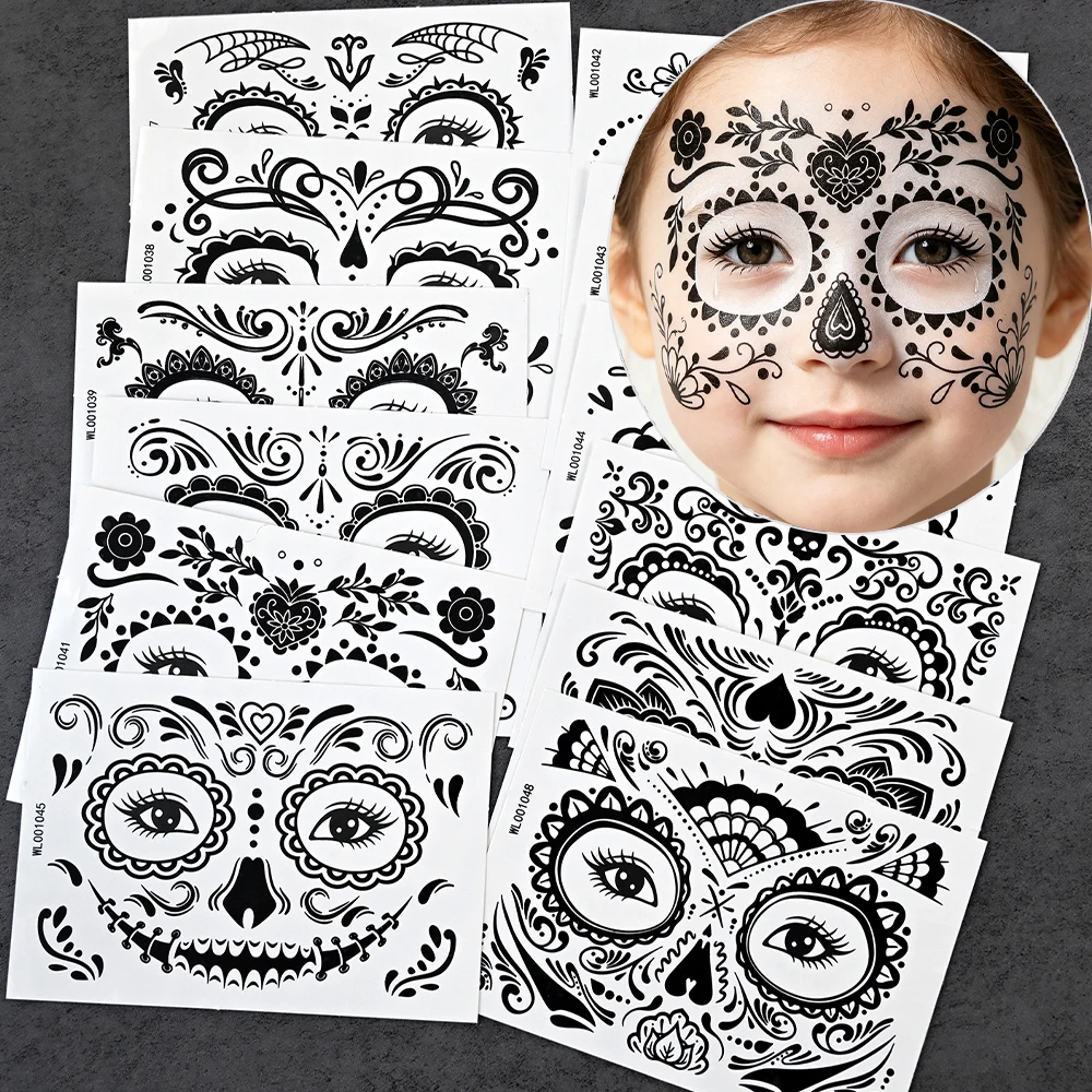 12pcs Halloween Temporary Tattoos Sticker Day Of The Dead Face Tattoos Skull Waterproof Tattoos Sticker Party Makeup Body Decals