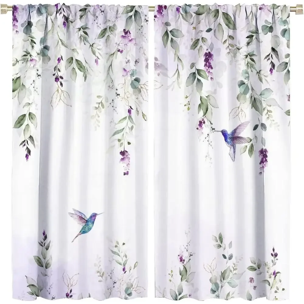 Eucalyptus Print Blackout Curtains for Living Room, Noise-Reducing Watercolor Bird Window Panels, 84 x 42