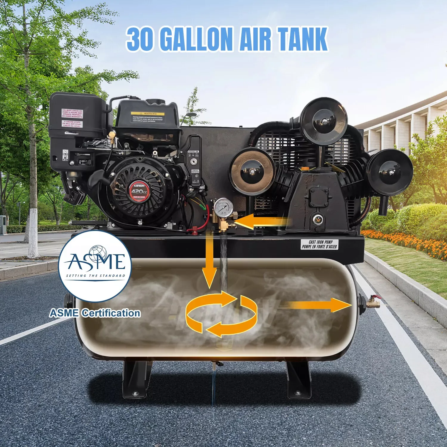 Gasoline Driven Air Compressor 13HP 43.5 CFM 115 PSI with 30-Gallon Horizontal ASME Tank Electric Start Piston Pump