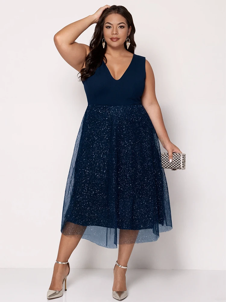 

Женское платье больших размеров с пайетками, элегантное сексуальное однотонное повседневное сетчатое платье миди без рукавов с v-образным вырезом, лето 2020, вечернее клубное платье