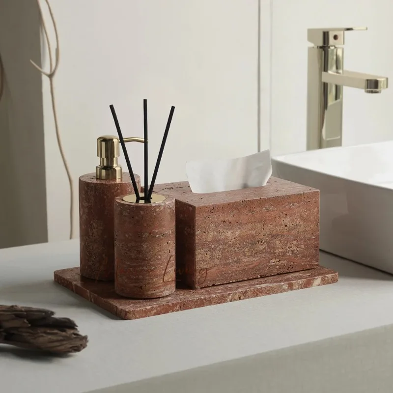 

Red Travertine Bathroom Set Vintage Soap Holder Soap Dispenser Tissue Box Vanity Tray Bathroom Accessories