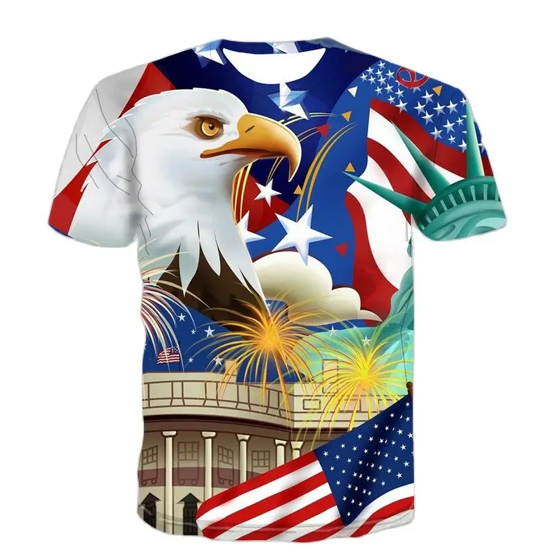 American Flag Gold Eagle 3D New Summer Print Trend Avant-garde Fashion Round Neck Short Sleeve Men\'s T-shirt Top Street Hip Hop