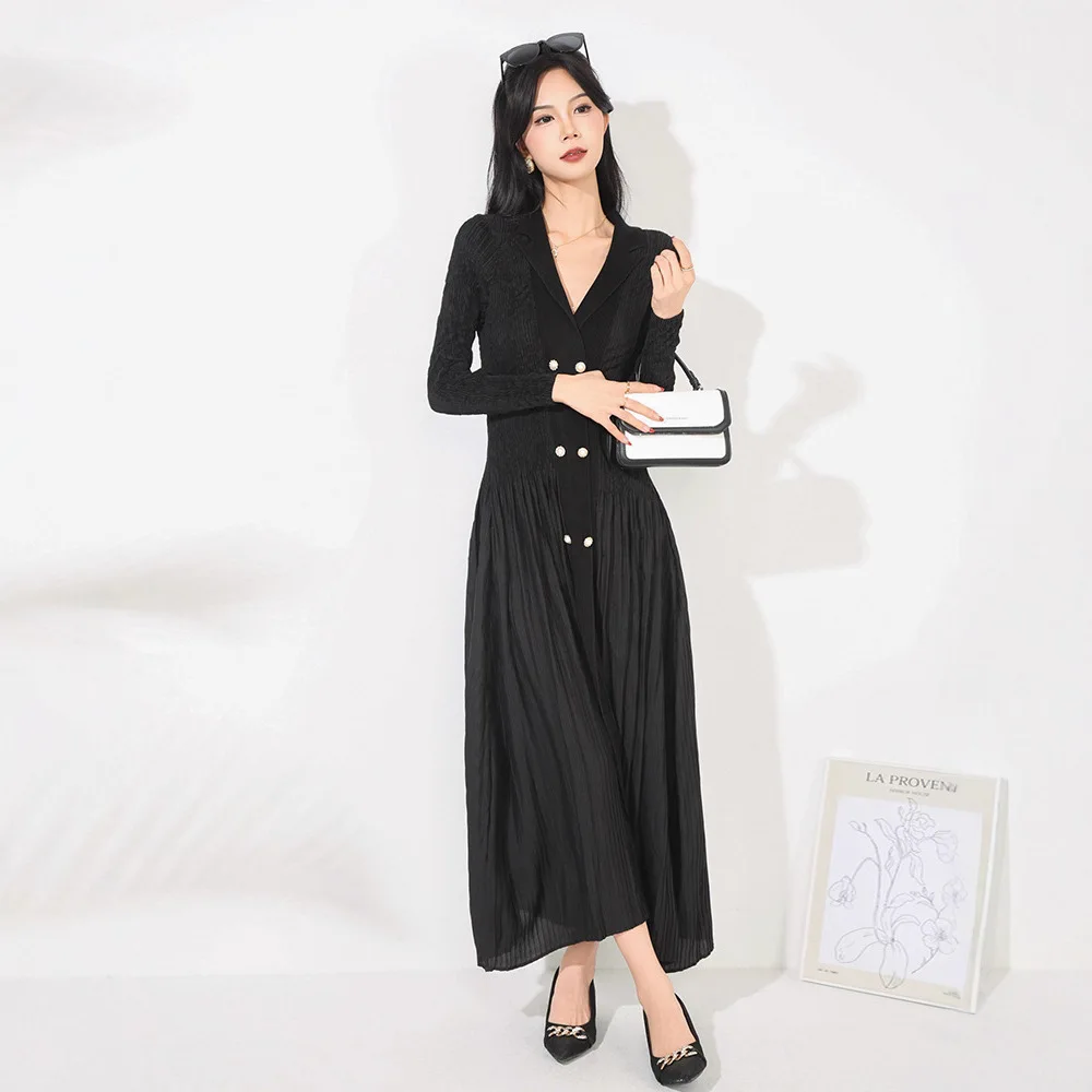 

Miyake Style Pleated Dress for Women 2025 Autumn New Style High-end Waist Elegant Suit Collar French Commuting Long Skirt