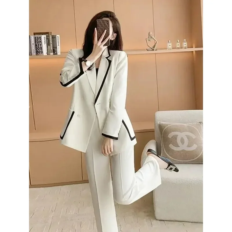 Insozkdg Spring Autumn Vintage Casual Short Blazer Wide Leg Pants Set Commuter Contrast Color Hook Edge Suit Pants Two Piece Set