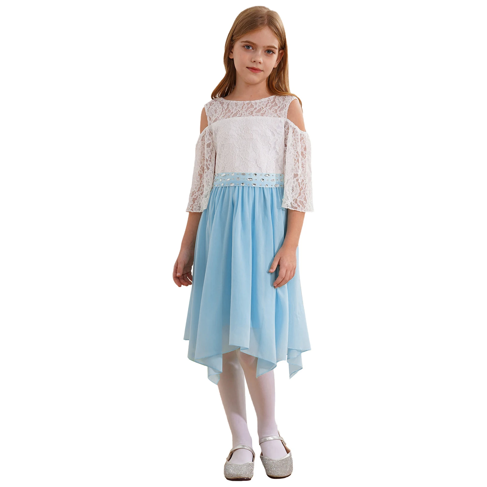 Junior Brautjungfer Kleider Mädchen Blumen Spitze Party kleid V-förmige rücken freie Patchwork Kleid festliches Kleid für Mädchen Festzug Vestidos