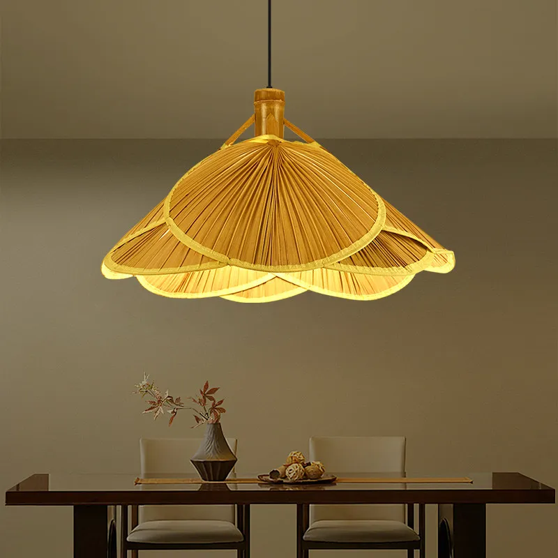 Handmade Bamboo Pendant Light New Chinese Zen Lantern Restaurant Cafe Chandelier Farmhouse Straw Hat Lamp for Commercial