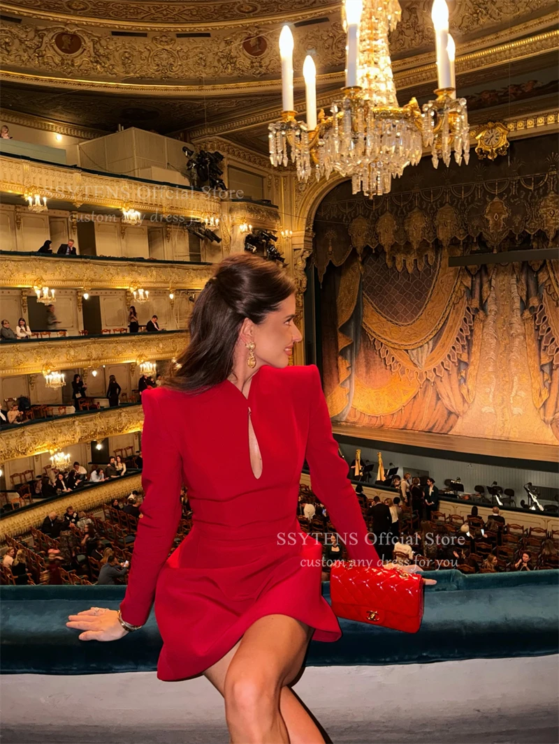 SSYTENS Red Satin Cocktail Prom Dresses High Neckline Mini Birthday Dress Long Sleeves Glamorous Homecoming Dresses Customized