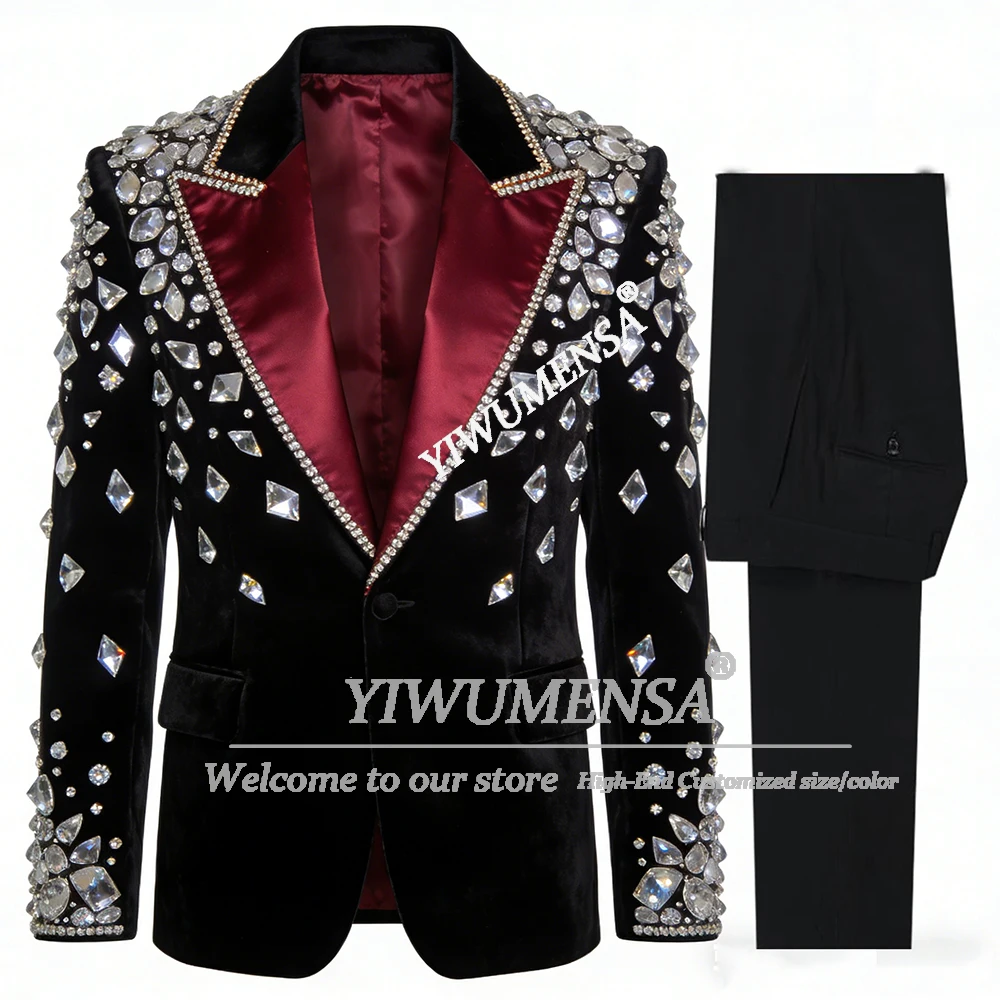 

Exclusive Velvet Suits Men Burgundy Satin Label Groom Tuxedos Customized Single Breasted Jacket Pants 2 Pieces Terno Masculinos