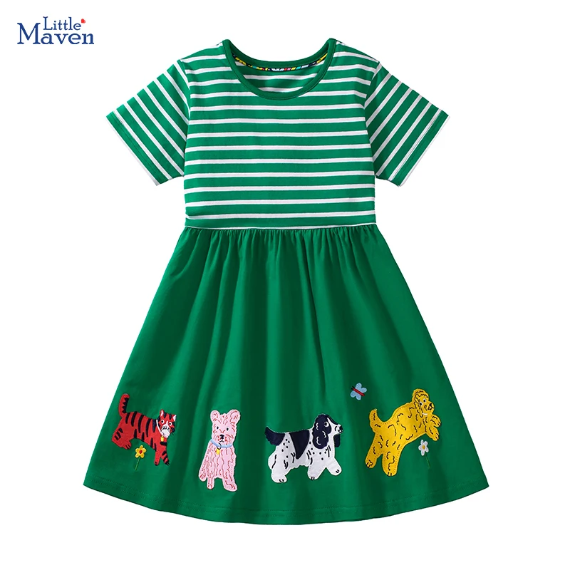 

Little maven, коллекция 2023 года, летняя детская одежда, повседневные платья с вышивкой мультфильмов для маленьких девочек, платья в полоску, детская одежда