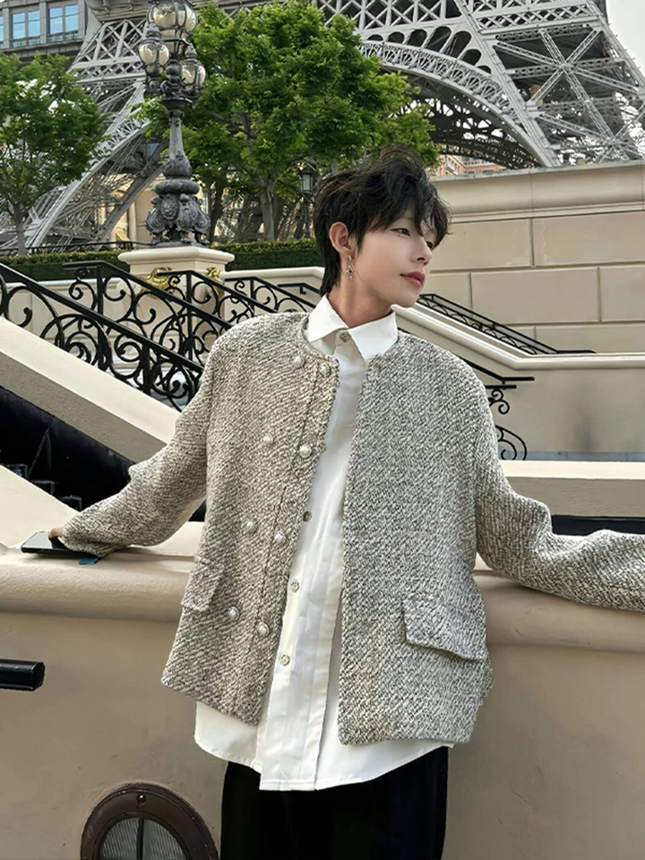 Double-breasted Luxury Tweed Blazer Jacket Men Korean Streetwear