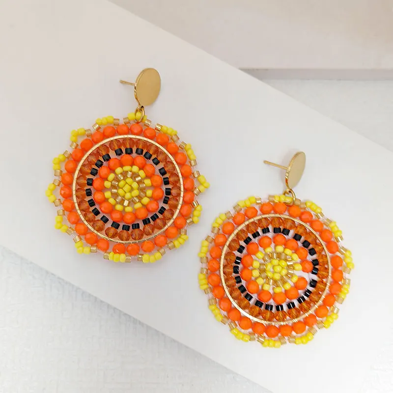 Beaded earrings Creativity Crystal Bohemia Pattern Hand textile Female Trend Alloy Flowers Yellow Simple Rice bead earrings