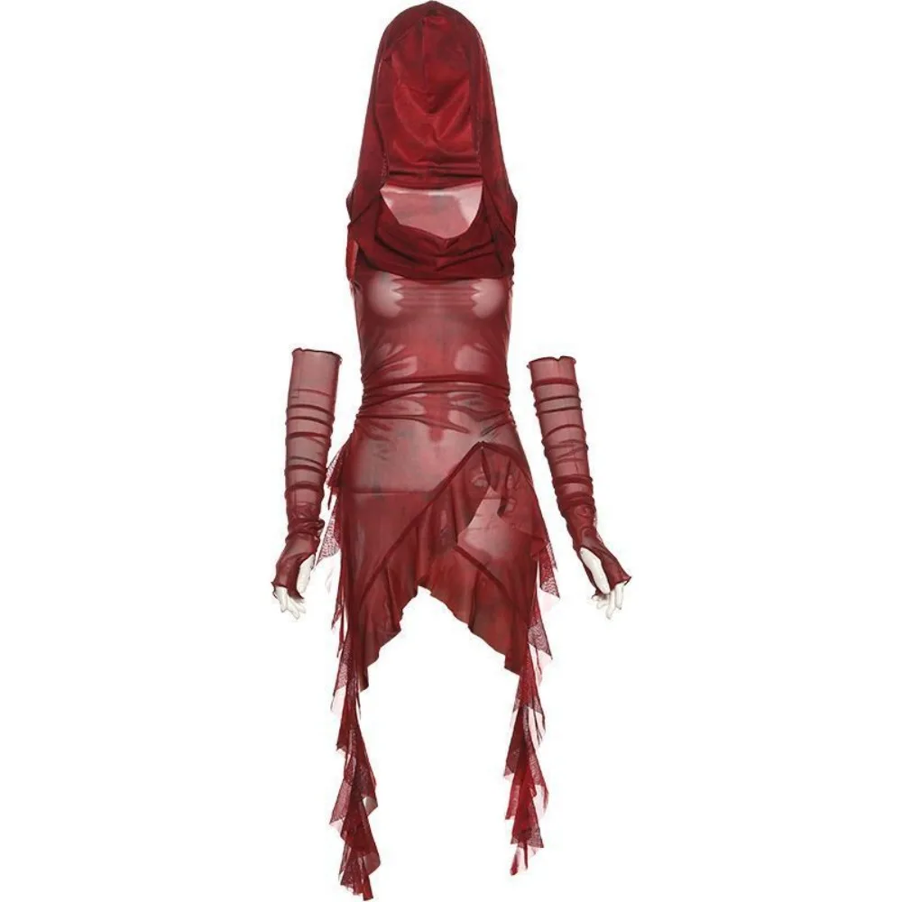 Camiseta roja para mujer con capucha y escote drapeado - Top de cosplay con manga con volantes asimétricos, disfraz favorecedor de figuras para fiesta