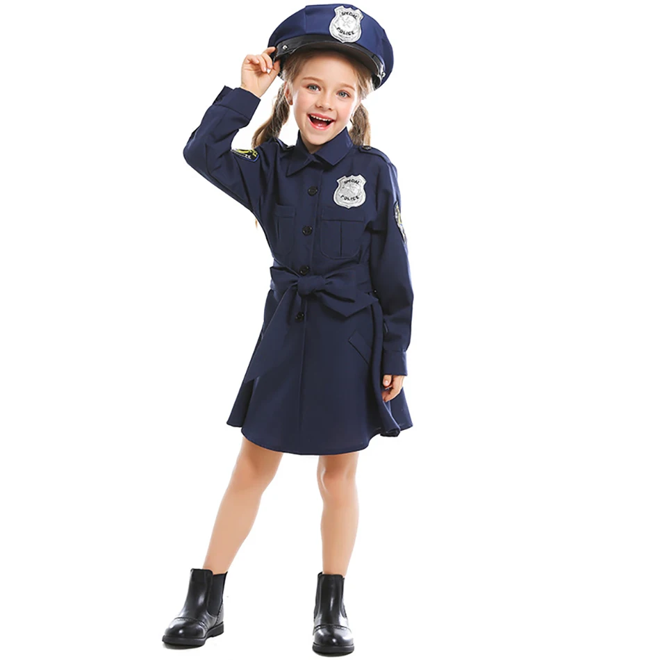 Stylish Girls Halloween Police Outfit Dress Up Kids Stage Performance Cosplay  Long Sleeves Uniform Dress Girls Dresses