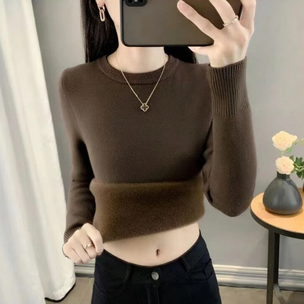 

Women's One-piece Velvet Sweater Slim Fit Knitted Shirt with Thickened Velvet Lining for Autumn Winter Outerwear Heattech Inner
