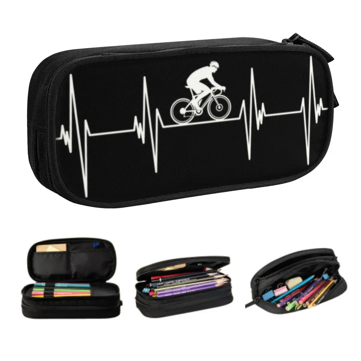 Road Cyclist Heartbeat Biking Customized Kawaii Pencil Cases Large Storage MTB Mountain Bike Pencil Pouch Students Stationery