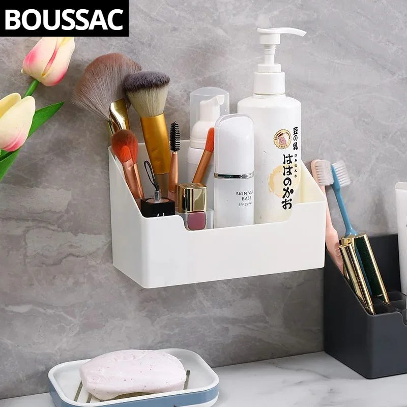 

Makeup Organizer Wall Mounted Box Storage Desk Bathroom Accessories Plastic Punch Free Holder Transparent Cabinet Boxes