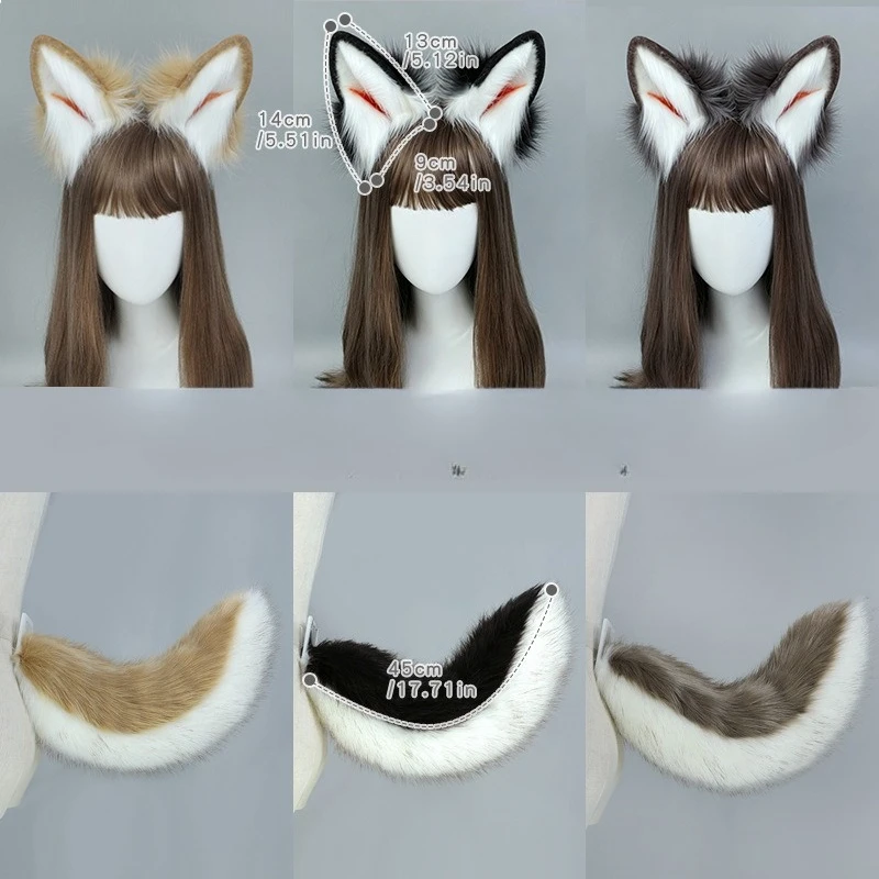 Plush Wolf Dog Ears Hairbands Furry Tail Fursuit Animal Ears Hair Hoops Cat Fox Ear Tails Costume Accessories Cosplay Props
