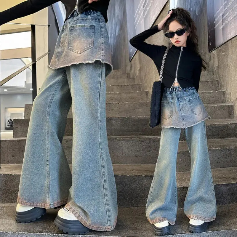 Girls Personalized Fake Two-piece Jeans high-waist micro-flare Straight Pants Casual Teenagers Gradient wide-leg Pants 5-14 Year