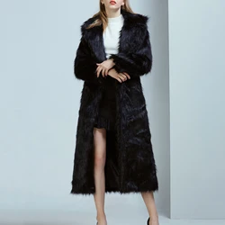 Lisa Colly Winter Faux Fur Laper Coat for Women Long Sleeve High Street Fluffy Jackets Outerwear