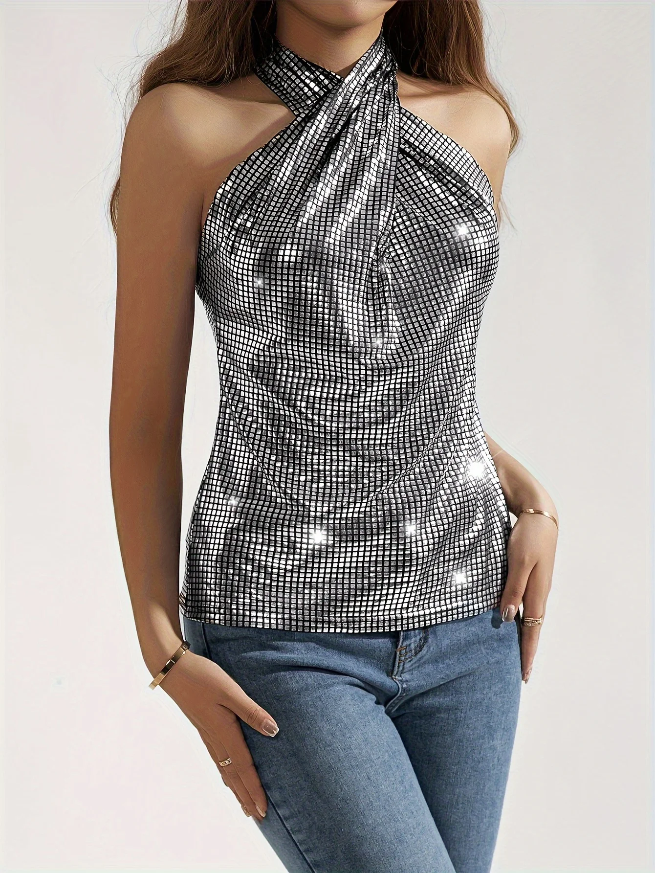 Silver Metallic Glitter Geo Pattern Crisscross Plaid Halter Top, Y2K Sleeveless Top, Evening Party Women\'s Clothing