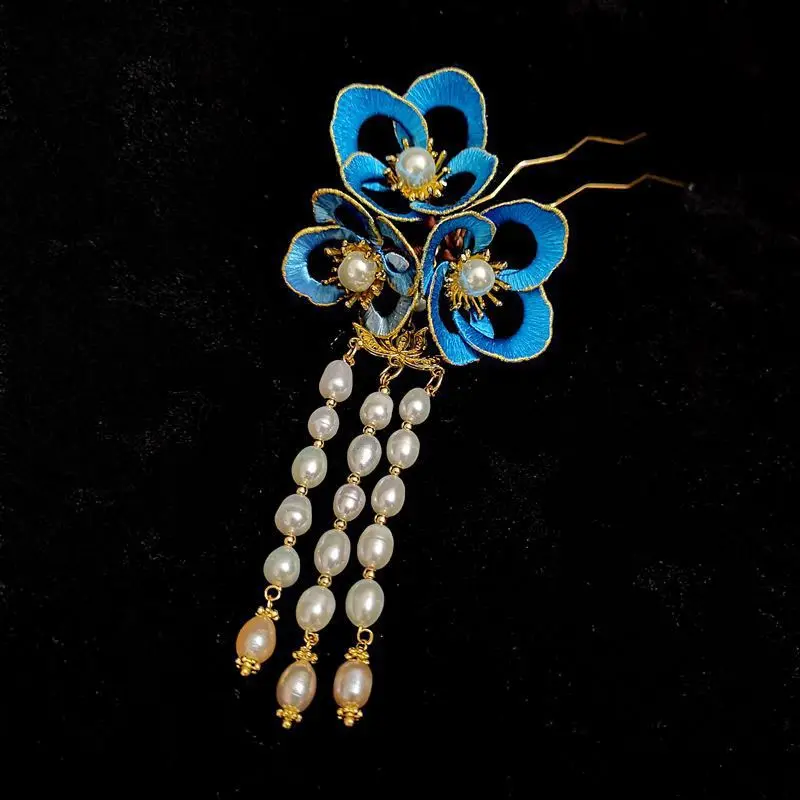 Original Handmade Blue Hairpin Hair Accessories Classical Silk Thread Wrapped Flower Hairpin Pearl Tassel Headdress All-match Pa