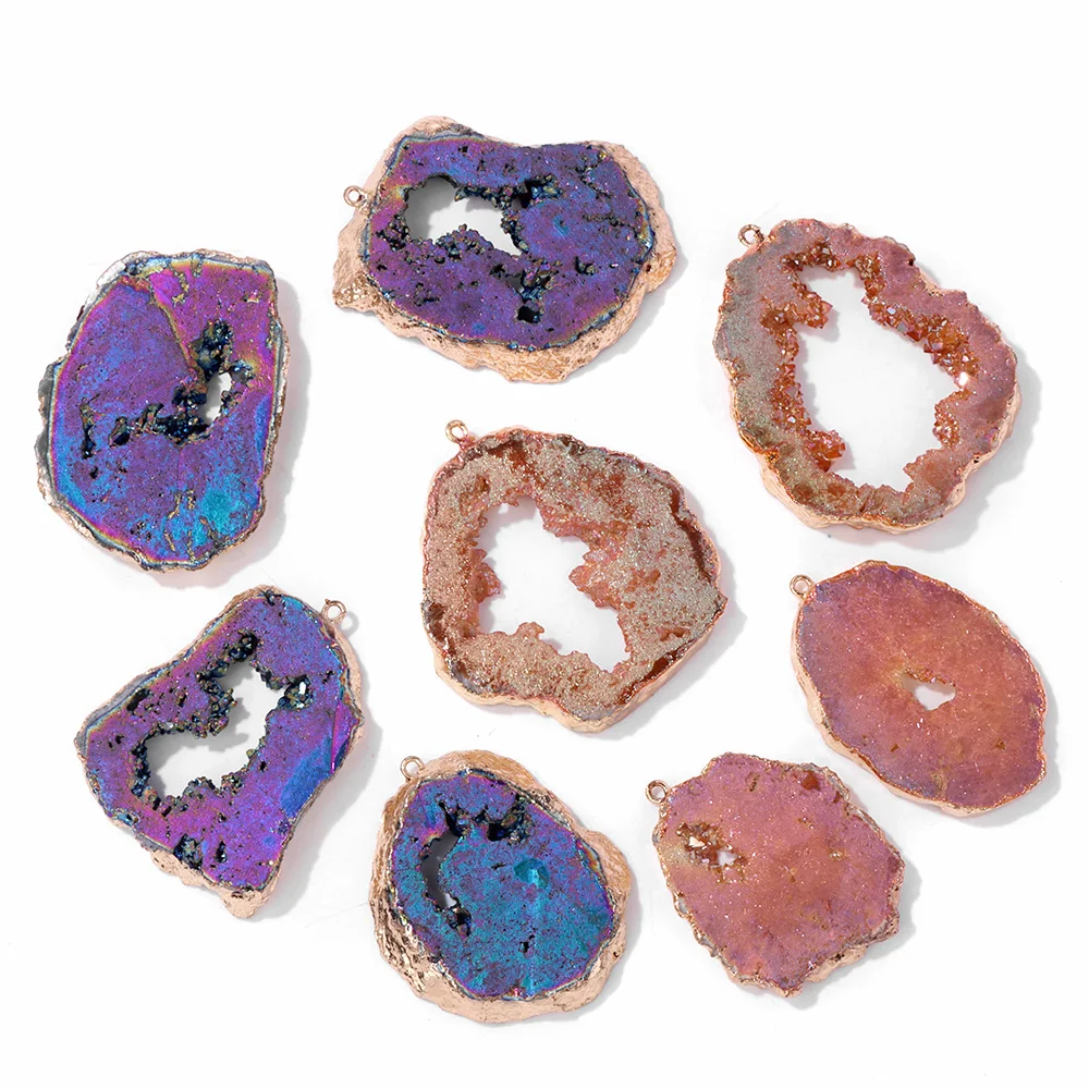 1pc Natural Agate Geode Slice Pendant Pink Illusory color Quartz Electroplate Irregular Hollow Durzy Pendants Necklace Accessory