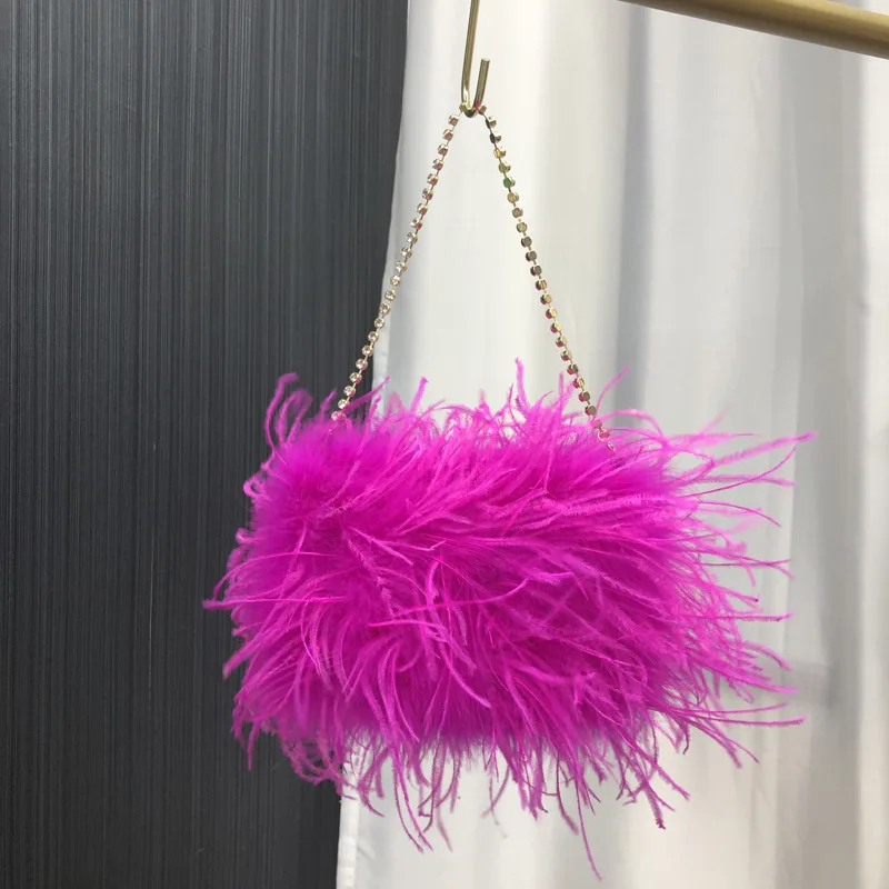 Damenhandtasche aus 100 % Straußenfedern, bunte Federhandtasche, modische Geldbörse mit mehrfarbiger Kette, handgefertigte Umhängetasche. – Detail 4