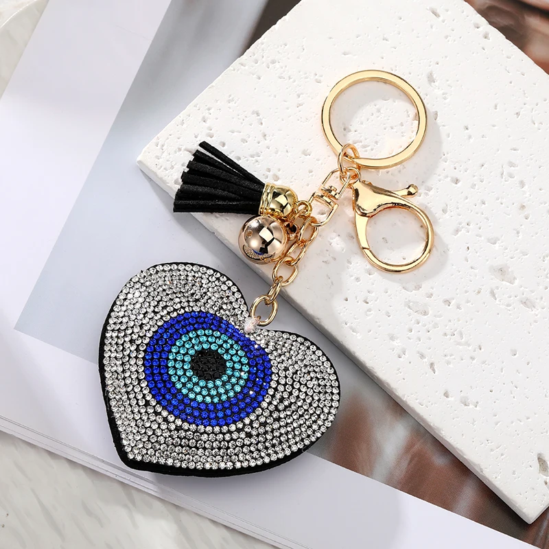 Zircon Luxury Round Heart Blue Eye Tassel Keychains For Friend Couple New Blingbling Crystal Ball Evil Eye Bag Box Car Key Ring