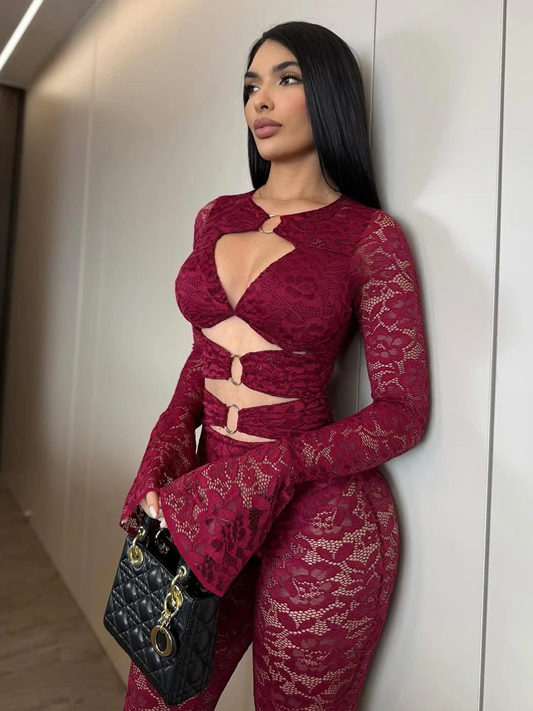 Cutenew Sexy Hollow Jacquard 2-Piece Set Women Elegant Ring Crop Tops+Flare Pants Matching Stretch Midnight Clubwear Outfits